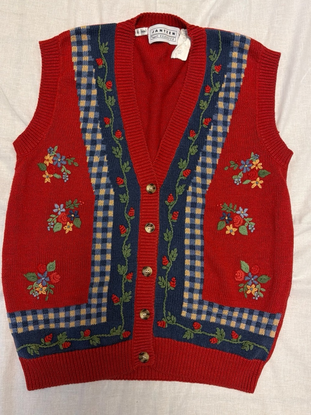 Vintage 90’s Jantzen Red Floral Embroidered Knit Vest